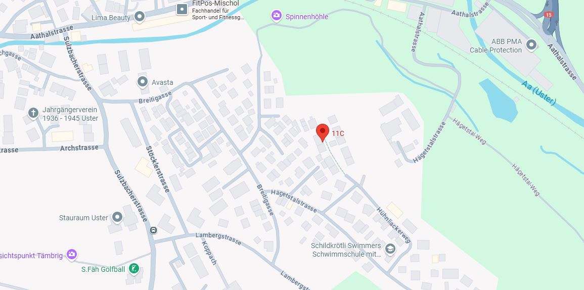 Google maps - Hühnliackerweg 11c, Uster Screenshot einer Google Maps Strassenkarte zum Hühnliackerweg 11c in 8610 Uster