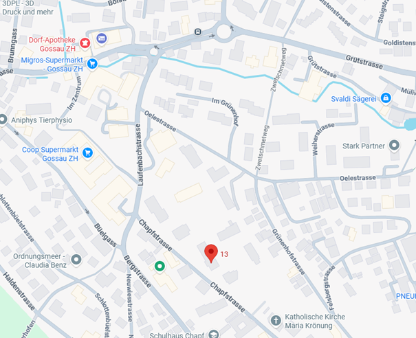 Screenshot einer Google Maps Strassenkarte zum Chapfstrasse 13, 8625 Gossau